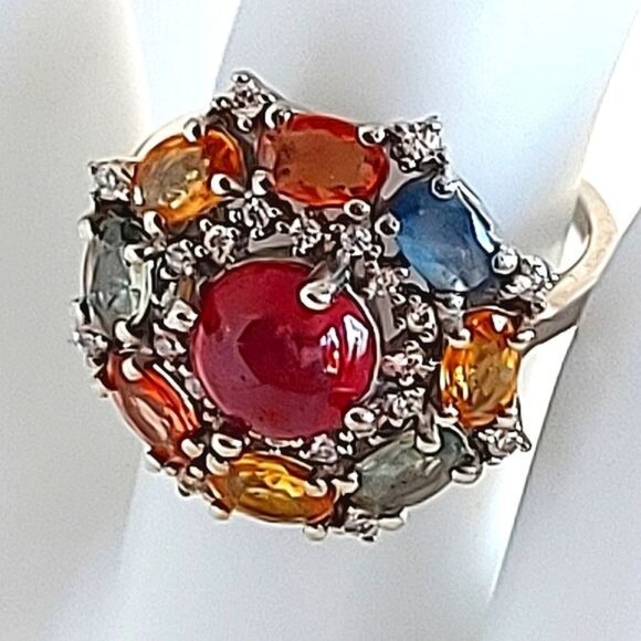 Natural Round Ruby 7mm & Multi-color Sapphire 925 Sterling‎ Silver Ring Sz 6 - Picture 4 of 7